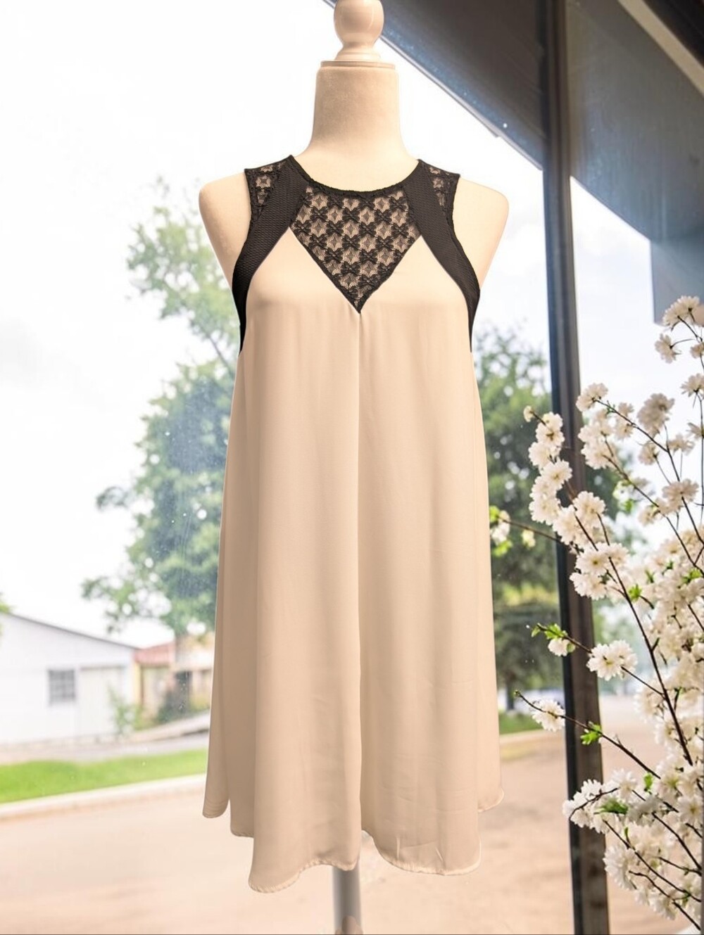 Alya White Slip Dress with Black Lace Yoke